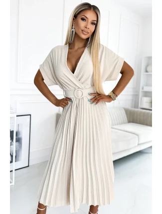 471-1 FELICIA Plisované midi šaty s výstřihem a širokým páskem - BEACH 471-1 FELICIA Plisované midi šaty s výstřihem a širokým páskem - BEACH