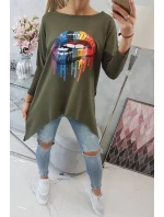 Oversize halenka s duhovým potiskem rtů v barvě khaki