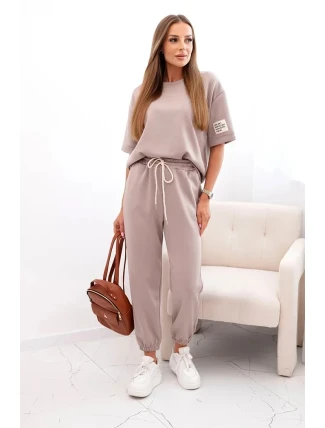 Dámský viskózový komplet s krátkým rukávem a nohavicemi tmavě béžová