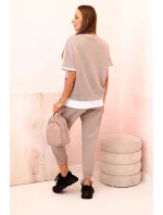 Dámská máslová souprava s krátkým rukávem a kalhotami tmavě béžová