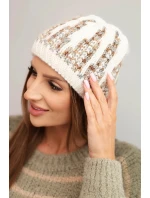 Dámská zimní pletená čepice s ozdobným vzorem K454 ecru + šedá