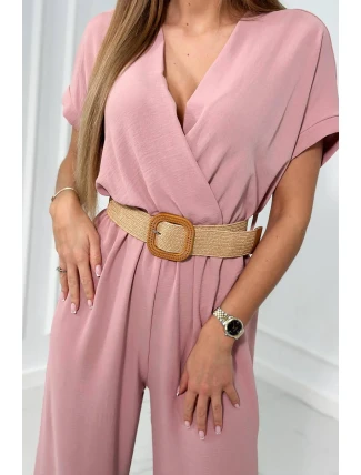 Kombinéza s ozdobným páskem v pase pudrově růžová