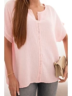 Dámská bavlněná mušelínová oversize halenka s výstřihem do V a krajkou bonbónová růžová