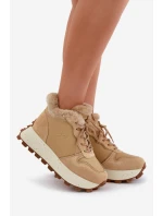 Kožené Sneakersy Trapery Dámské S Kožíškem Na Platformě Big Star OO274A330 Béžové