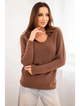 Dámský svetr z baby alpaky s límcem a V výstřihem čokoládový