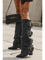 Dámské kozačky na podpatku s otočeným horním lemem a zlatými sponami Černé Isavelle