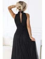 636-3 VERONICA luxusní dlouhé šaty s brokátovým akcentem a elegantním střihem - černé 636-3 VERONICA luxusní dlouhé šaty s brokátovým akcentem a elegantním střihem - černé