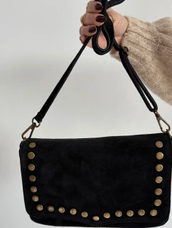 Semišová Kožená Kabelka S Kamínky Černá Rhenna