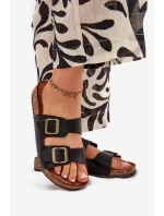 Dámské pantofle na korkové platformě s přezkami – černé