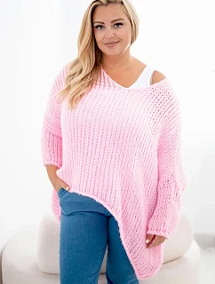 Dámský svetr průsvitný oversize s výstřihem do V a delším zadním dílem růžová cukrová