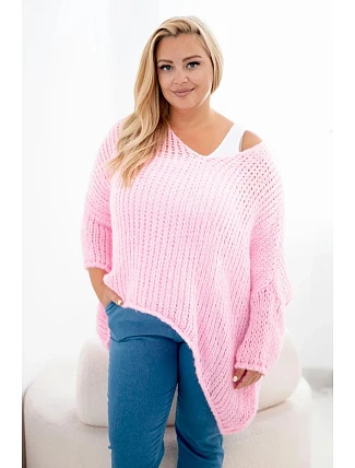 Dámský svetr průsvitný oversize s výstřihem do V a delším zadním dílem růžová cukrová Dámský svetr průsvitný oversize s výstřihem do V a delším zadním dílem růžová cukrová