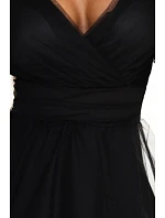 664-3 Dlouhé maxi šaty s tylovými rukávy a obálkovým výstřihem - černé