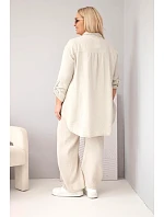 Dámský mušelínový komplet Plus Size s košilí zapínanou na knoflíky a s kalhotami s širokou nohavicí béžový