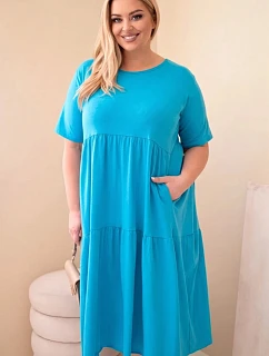 Dámské bavlněné šaty Plus Size s krátkým rukávem a volánem tyrkysová