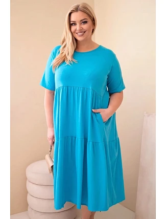 Dámské bavlněné šaty Plus Size s krátkým rukávem a volánem tyrkysová
