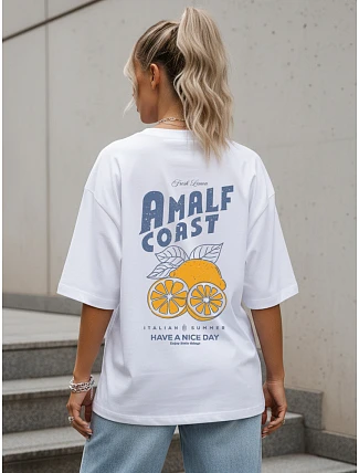 Dámské tričko oversize s potiskem na zádech, bílé, FashionStreet NX9501RY Dámské tričko oversize s potiskem na zádech, bílé, FashionStreet NX9501RY