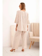 Dámský komplet z viskózy, blůza s náhrdelníkem a kalhoty béžový
