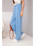 Dámské bavlněné kalhoty s širokou nohavicí a páskem jeansové