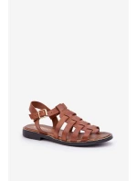 Kožené sandály na plochém podpatku Zazoo 3686 Camel