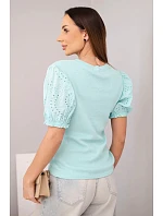 Dámská bavlněná žebrovaná halenka s nabíraným rukávem a knoflíky tmavě mátová Dámská bavlněná žebrovaná halenka s nabíraným rukávem a knoflíky tmavě mátová