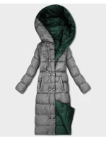 Tmavě zeleno-šedá oboustranná zimní bunda v délce ke kolenům Minority (P3-6017-33+61)