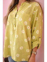 Lněná dámská halenka s květinovým vzorem, dlouhými rukávy a knoflíky kiwi