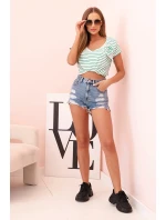 Dámská bavlněná blůza s proužky a výstřihem do V zelená