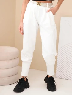 Dámské bavlněné kalhoty s vysokým pasem a páskem ecru