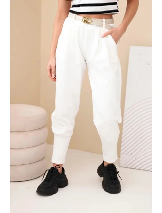 Dámské bavlněné kalhoty s vysokým pasem a páskem ecru
