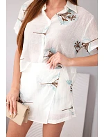 Dámský komplet košile s krátkým rukávem a sukně-šortky vyšívané ecru