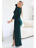 404-15 Elegantní dlouhé šaty s obálkovým výstřihem a rozparkem - lahvově zelené