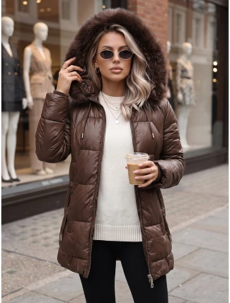 Dámská zimní prošívaná bunda s kapucí, hnědá, FashionStreet TY5757 Dámská zimní prošívaná bunda s kapucí, hnědá, FashionStreet TY5757