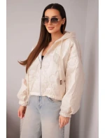 Dámská prošívaná bunda s kapucí a ozdobným květinovým ražením béžová