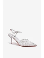 Dámské síťované sandály na jehlovém podpatku se třpytivým zdobením Stříbrné Laria