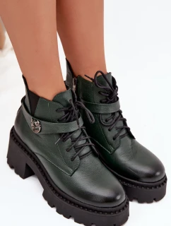 Dámské botky Zazoo – kožené, na blokovém podpatku s ozdobným páskem, tmavě zelené
