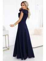 660-1 Elegantní maxi šaty s volánky, hlubokým výstřihem a rozparkem na nohou - tmavě modré
