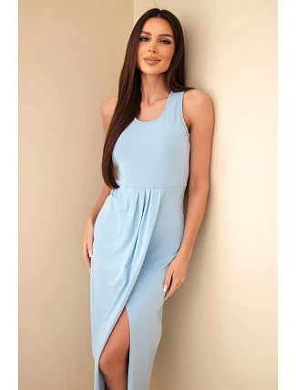 Dámské bavlněné midi šaty bez rukávů s řasením modrá Dámské bavlněné midi šaty bez rukávů s řasením modrá