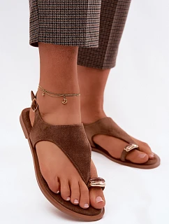 Dámské sandály Ploché S Zlatým Detalem Eko Semiš Hnědé Jelviane