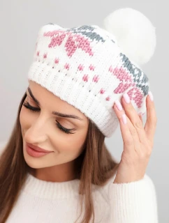 Dámská zimní čepice vlněná s motivem sněhových vloček a pomponem K457 bílá