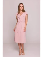 S411 Šaty bez rukávů s volánkovým výstřihem - pudrové