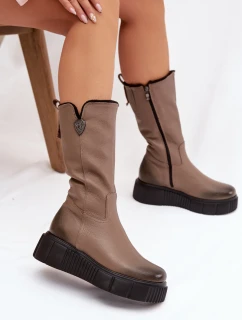 Dámské kožené kozačky Zazoo s vlnou – tmavě béžové