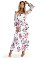 458-3 GEPPI Plisované MIDI šaty s výstřihem, dlouhými rukávy a páskem - bílé s červenými ROSES