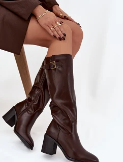 Dámské kotníkové boty Brenira na sloupkovém podpatku se sponou – čokoládové