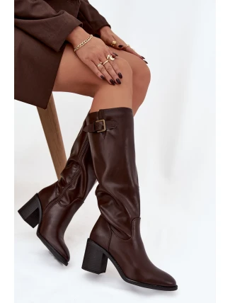 Dámské kotníkové boty Brenira na sloupkovém podpatku se sponou – čokoládové