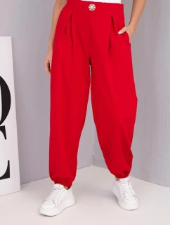 Dámské bavlněné kalhoty s vysokým pasem a ozdobným knoflíkem červené