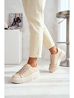 Kožené dámské tenisky na platformě s přezkou Vinceza 39973 Béžové