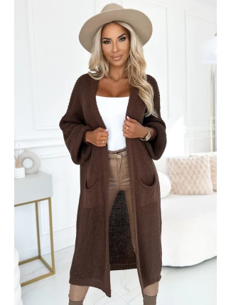 627-2 Cardigan - svetr dlouhý s kapsami - čokoládová barva