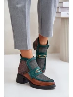 Kožené dámské kotníkové boty na masivním podpatku s ozdobou Maciejka A6747-29 hnědo-zelené