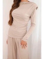 Dámský bavlněný komplet s blůzou a širokými kalhotami bežový