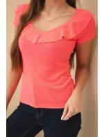 Dámská pruhovaná blůza s volánkem u výstřihu neonově růžová